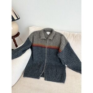 VTG Mens Wool Blend Full Zip Ribbed Sweater Grey Colorblock Stripe Large Berwick